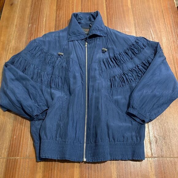 Vintage 80s 90s 100% Silk Blue Track Jacket Windbreaker M - Picture 1 of 8